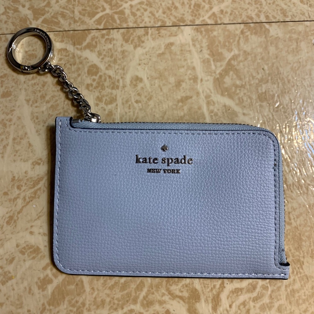 Kate Spade Card Holder Keychain Wallet OS Blue Pebbled Leather Zip Minimalist